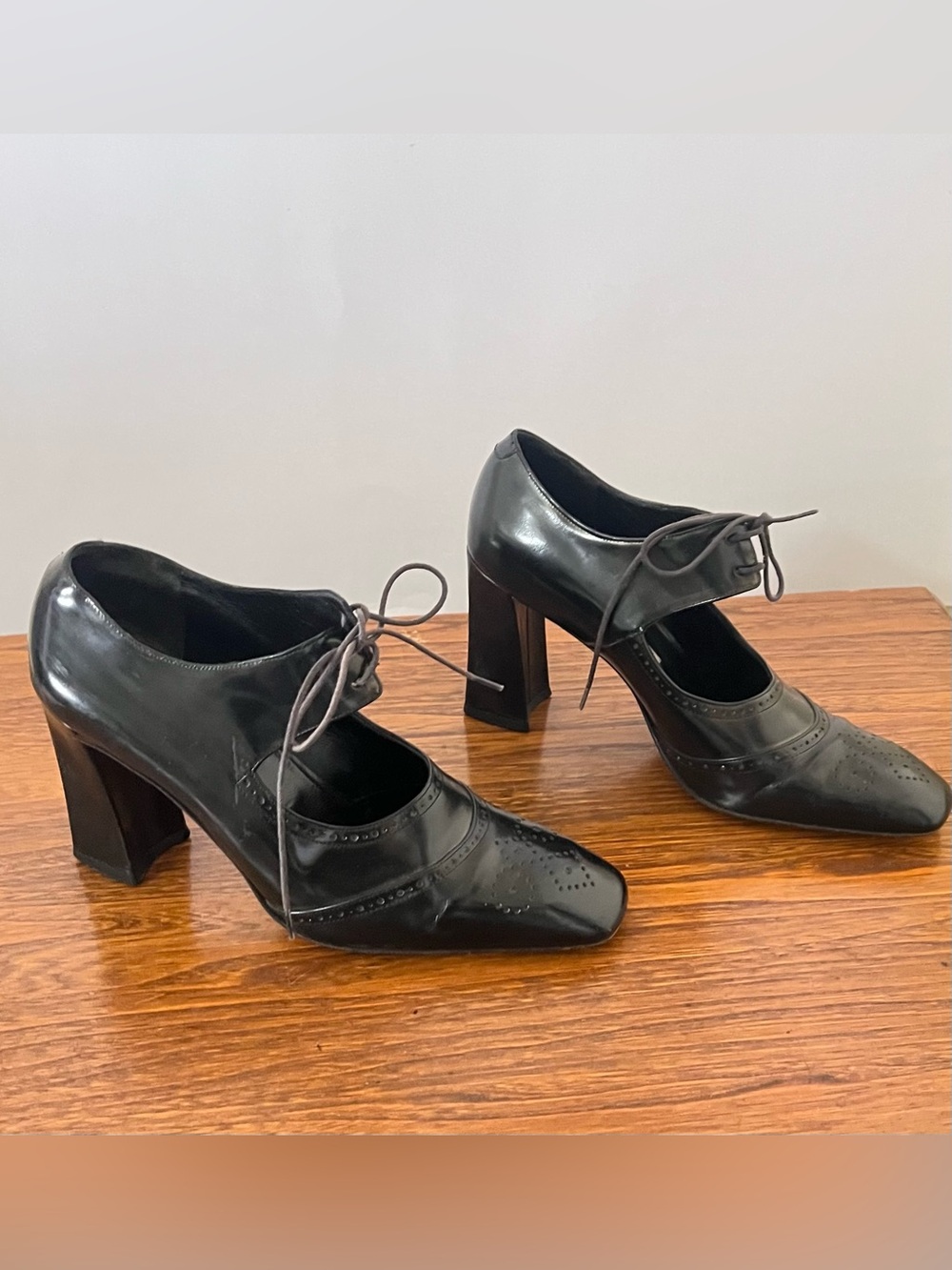Via Spiga Black Leather Block Heel Mary Jane Oxfords